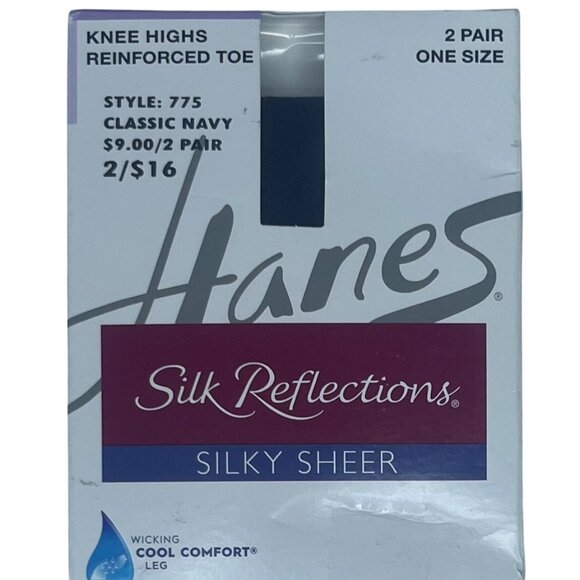 Hanes Silk Reflections Knee Highs Pantyhose OS 2 Pairs Navy Reinforced Toe - Picture 3 of 5